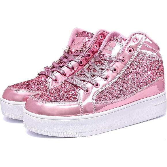 Women's Pink Shiny Glitter Sequin Shoes High Top Sneakers Fashion Bling - Picture 4 of 6